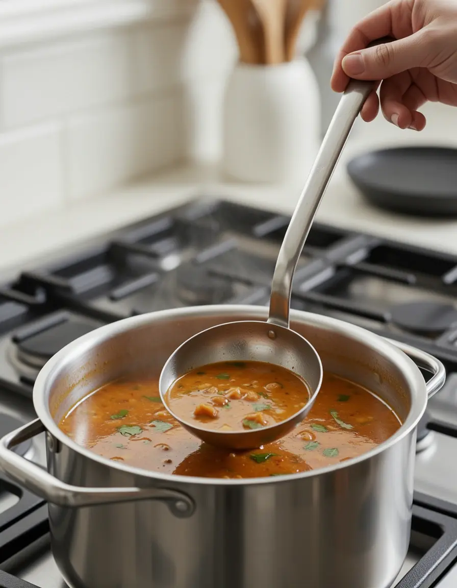 Cucharón de acero inoxidable de 4 onzas sirviendo sopa desde una olla