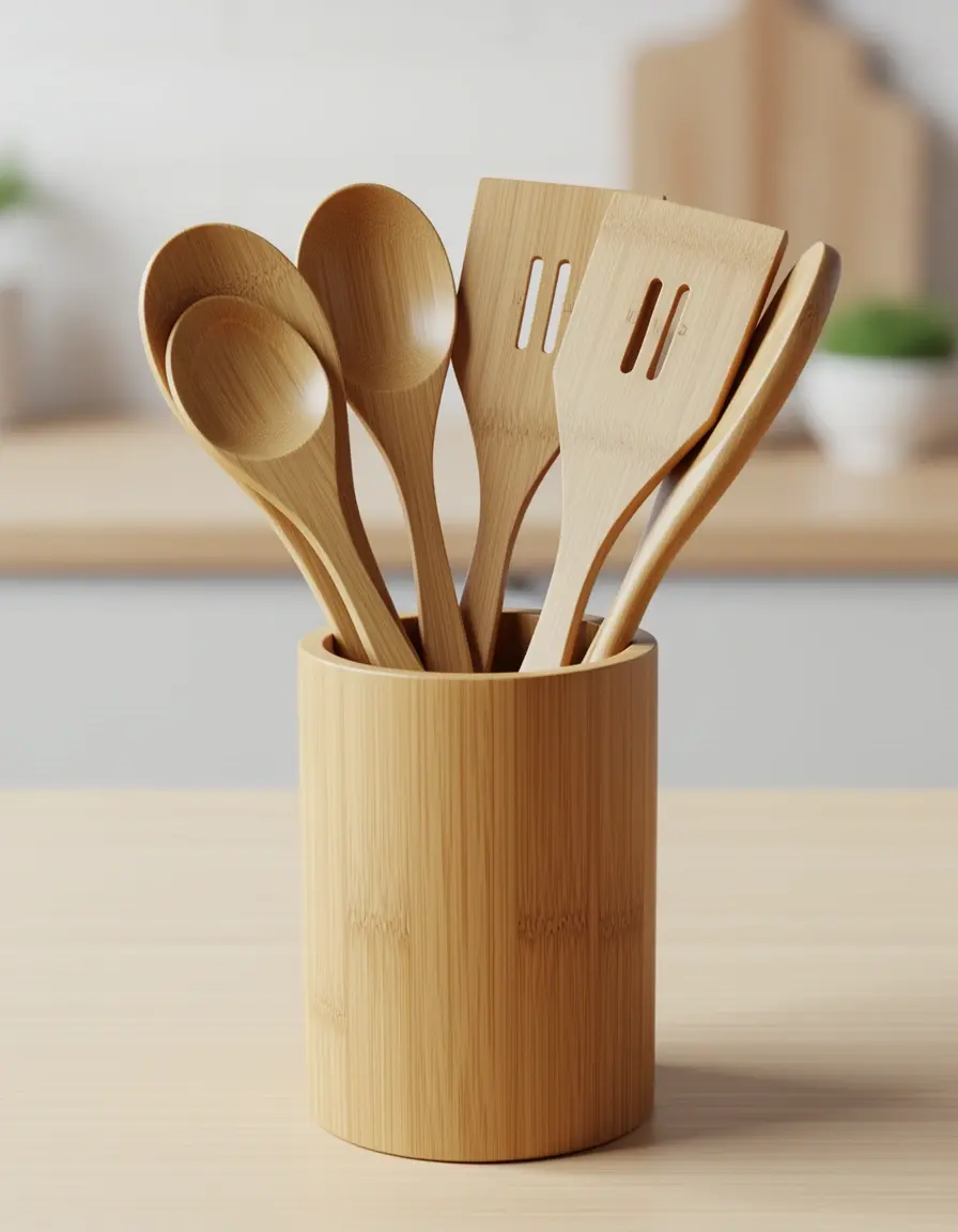 Set de 6 utensilios de bambú incluyendo espátulas y cucharas en un soporte