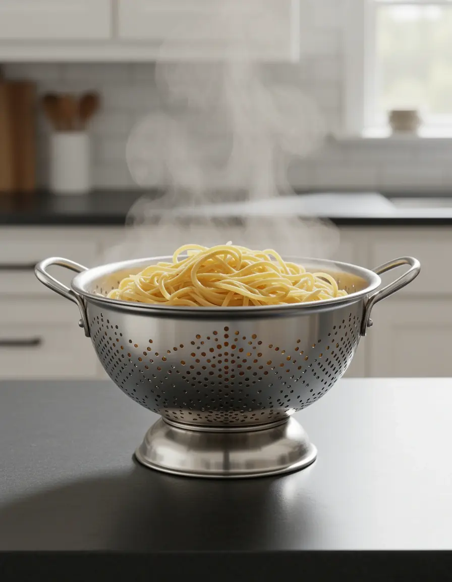Escurridor de acero inoxidable de 3 cuartos escurriendo pasta con vapor