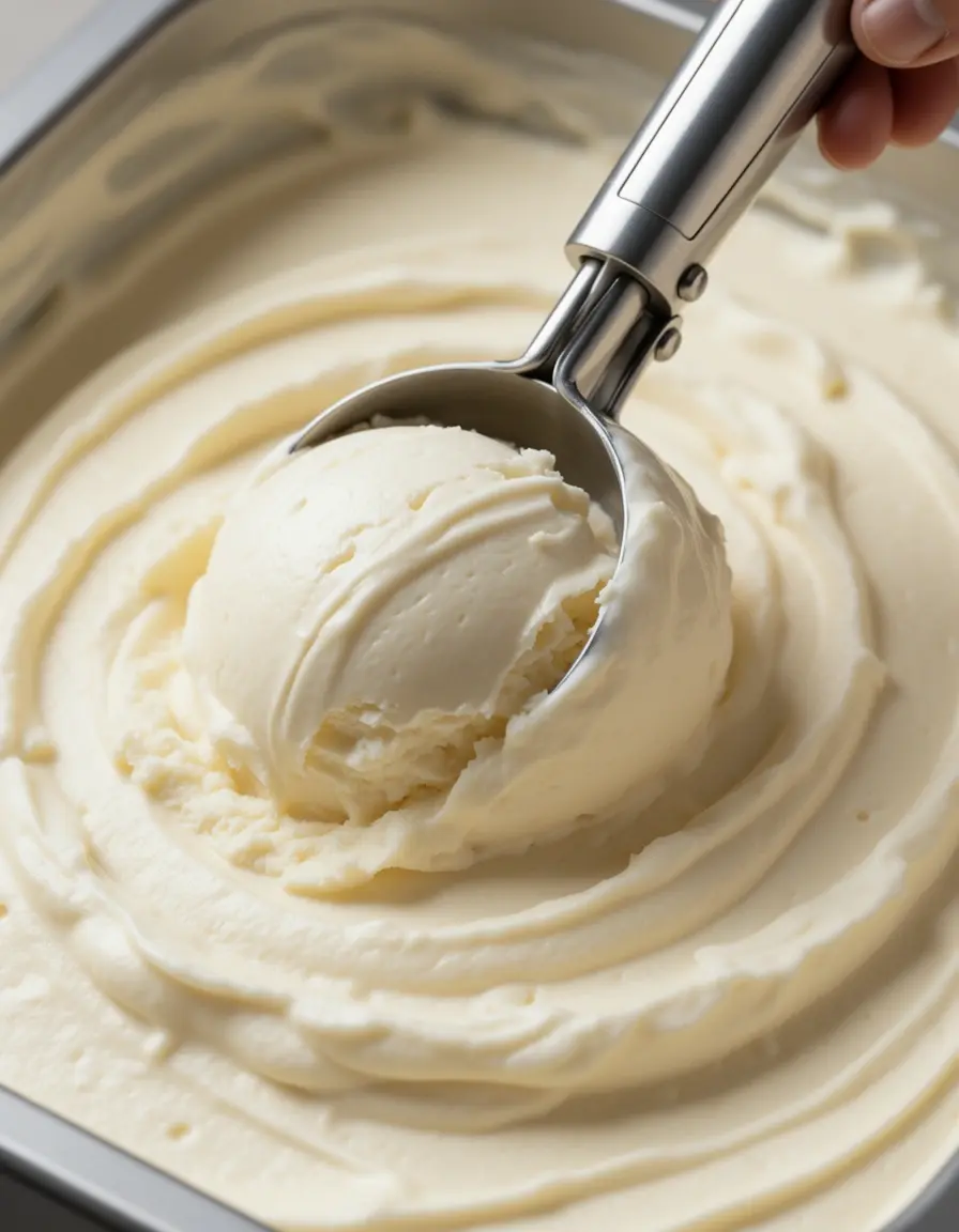 Cuchara para helado de acero inoxidable sacando helado de vainilla