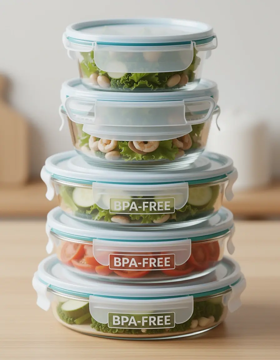 Set de 5 recipientes de vidrio para almacenamiento de alimentos apilados