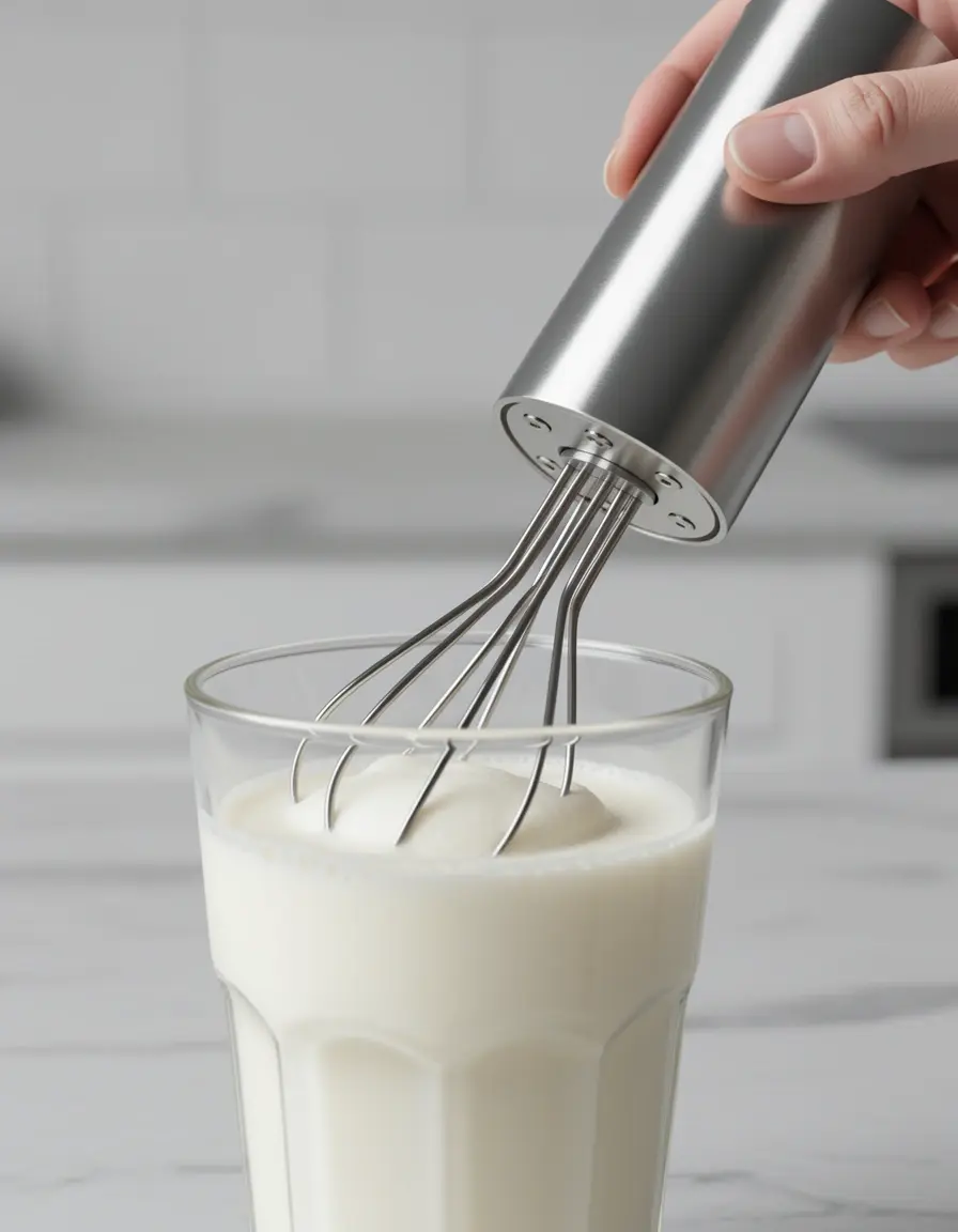 Espumador de leche de mano batiendo leche en un vaso