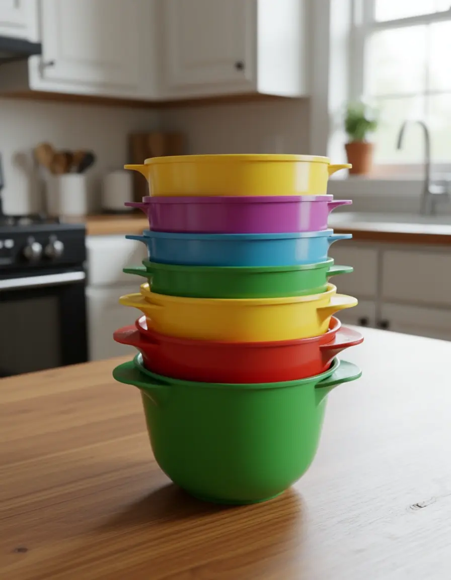 Set de 5 tazas medidoras de plástico de colores apiladas