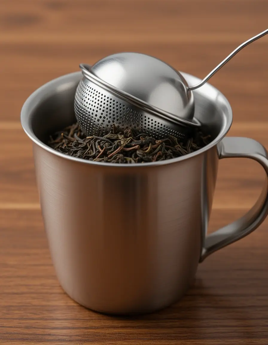 Infusor de té de acero inoxidable dentro de una taza con hojas de té