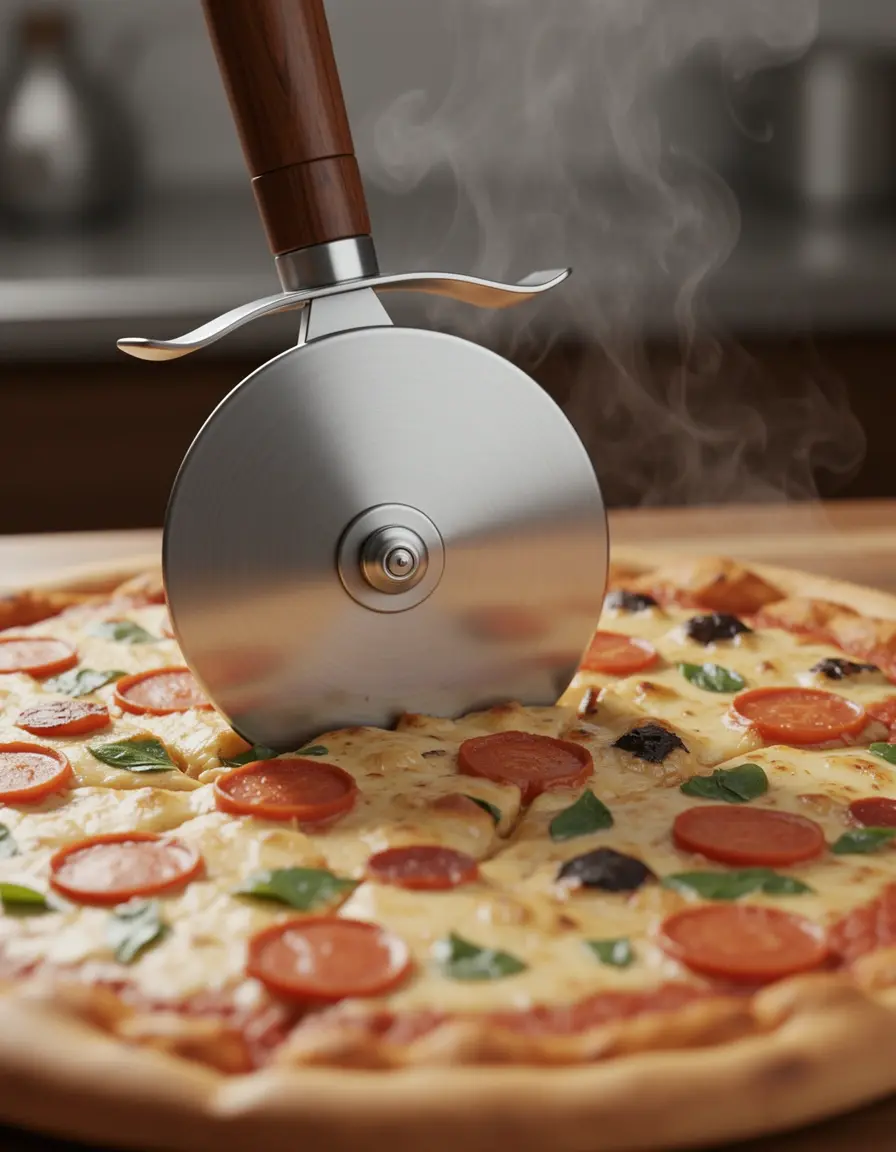 Cortador de pizza de acero inoxidable con mango de madera cortando una pizza humeante