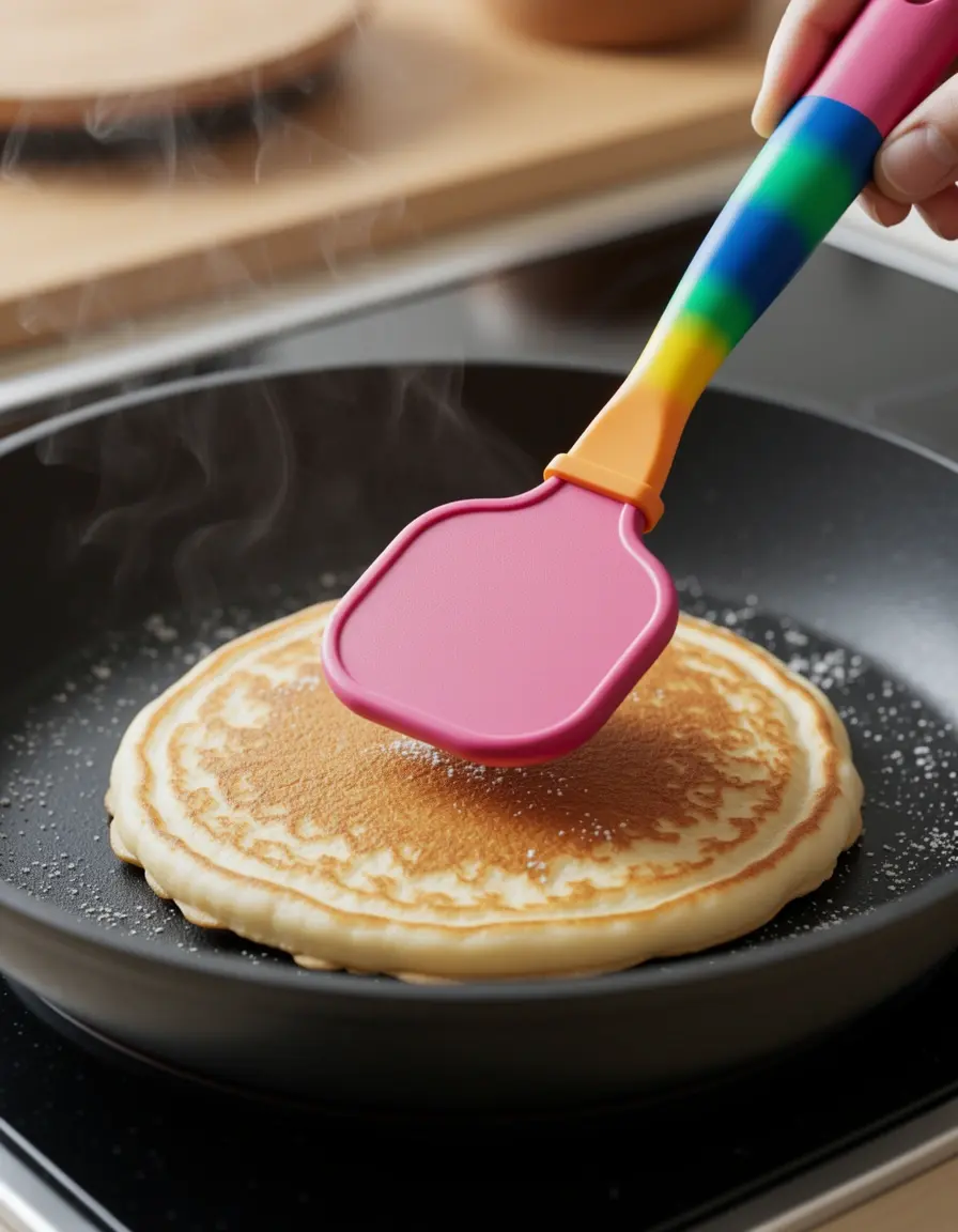 Espátula de silicona para tortitas girando una pancake en la sartén