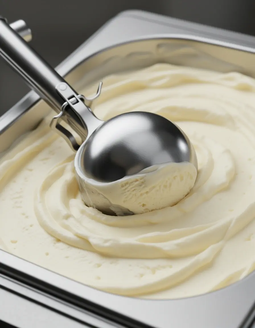 Cuchara para helado de acero inoxidable sacando una bola de vainilla