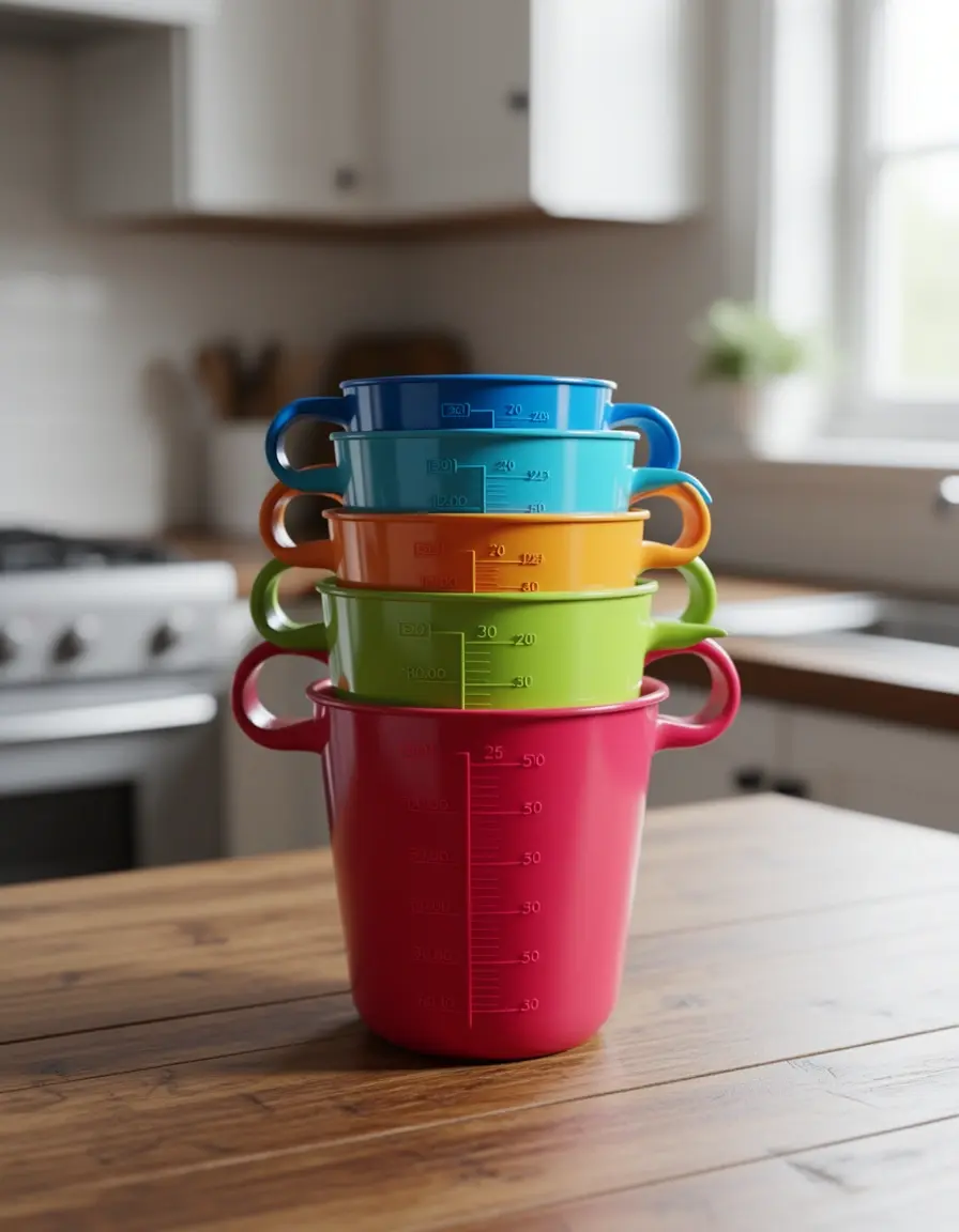 Juego de 5 tazas medidoras de plástico de colores apiladas