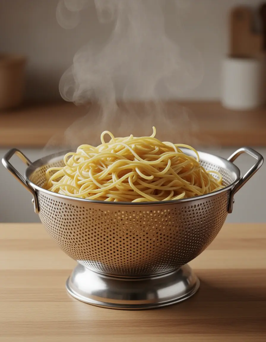 Colador de acero inoxidable de 3 cuartos con pasta humeante