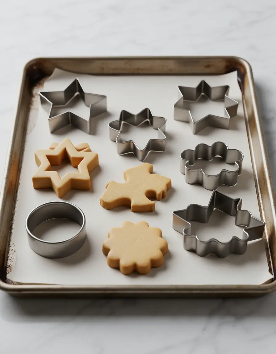 Set de 10 moldes para galletas de metal sobre una bandeja de horno