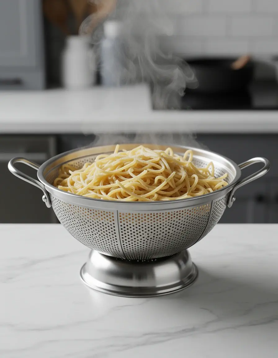 Colador de acero inoxidable de 3 cuartos con pasta humeante