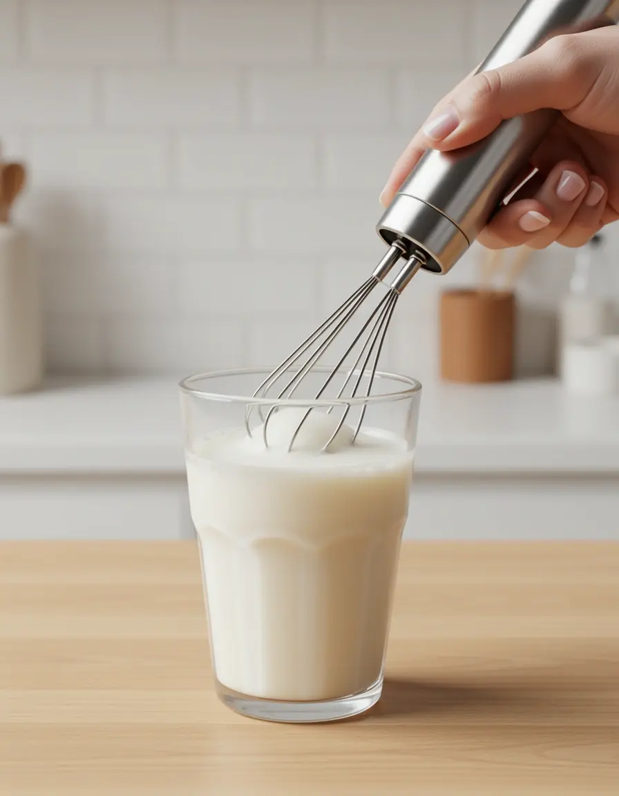 Espumador de leche de mano batiendo leche en un vaso