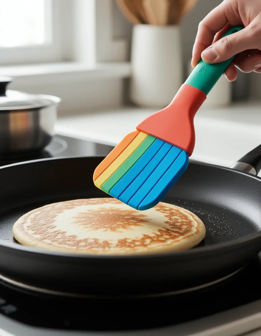 Espátula de silicona para tortitas dando la vuelta a un pancake