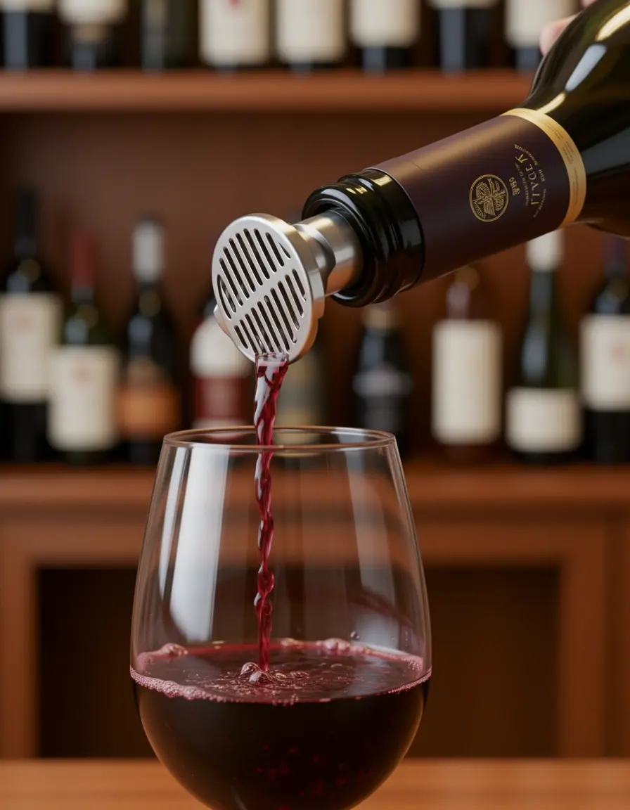 Aireador de vino vertiendo vino tinto en una copa