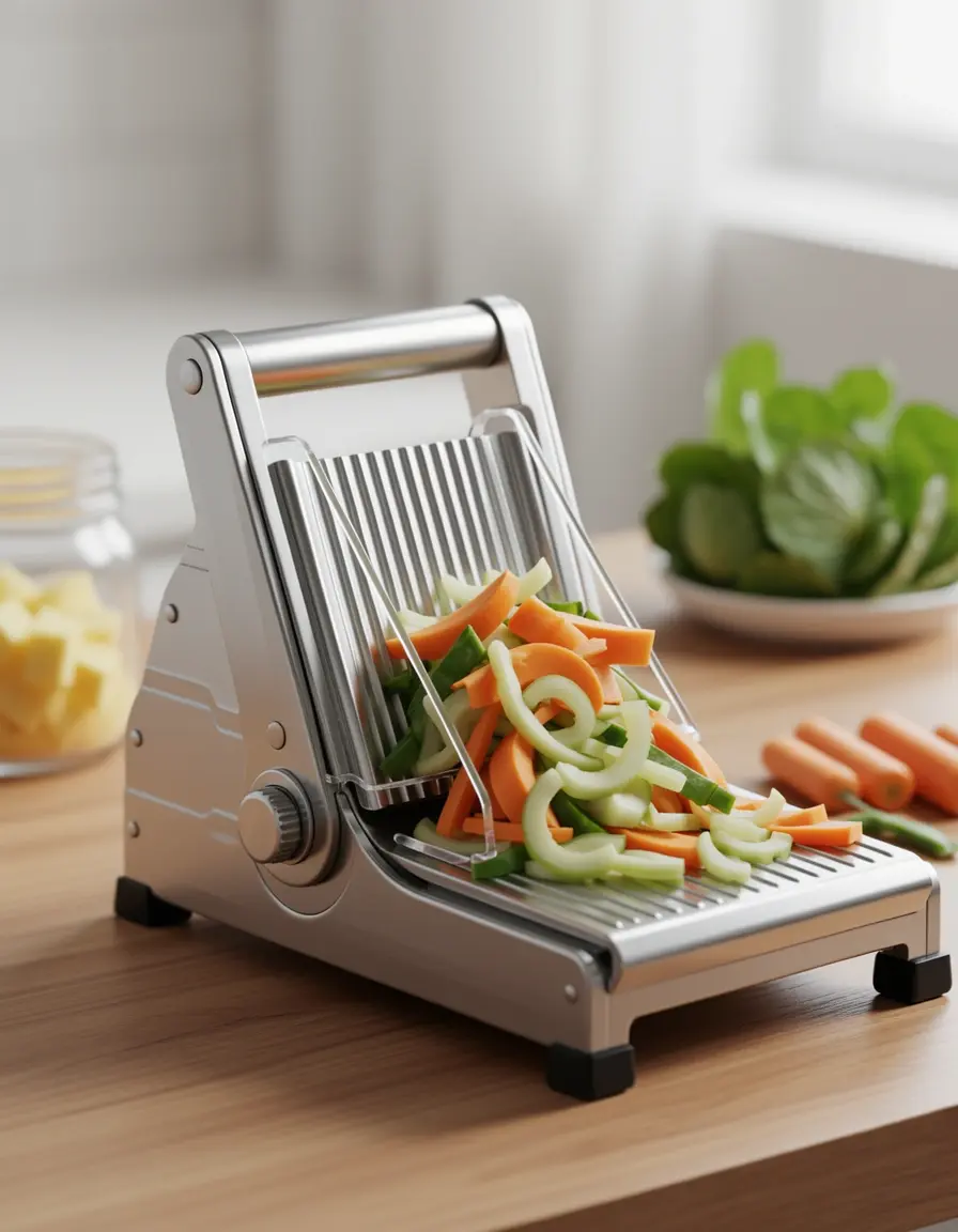 Mandolina ajustable cortando verduras con protector de seguridad