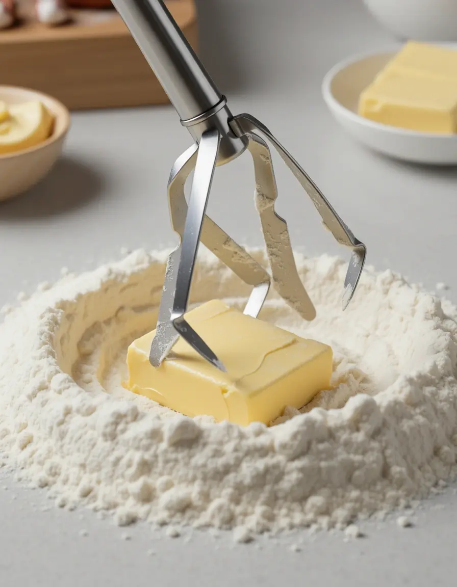Mezclador de masa de acero inoxidable cortando mantequilla en harina