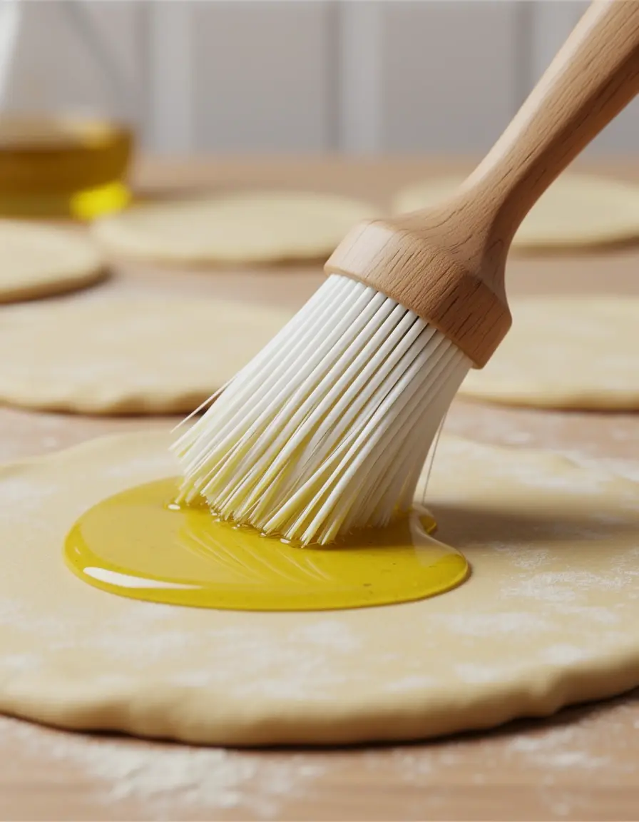 Pincel de silicona para repostería con mango de madera aplicando aceite sobre masa
