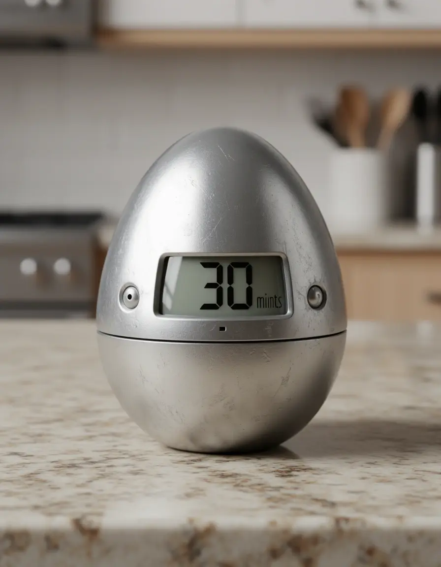 Temporizador de cocina mecánico con forma de huevo sobre encimera
