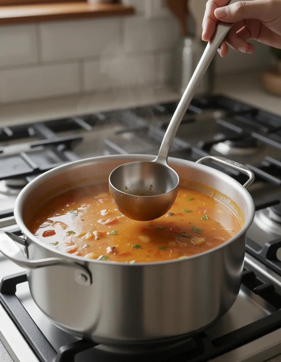 Stainless Steel Ladle scooping soup from a pot