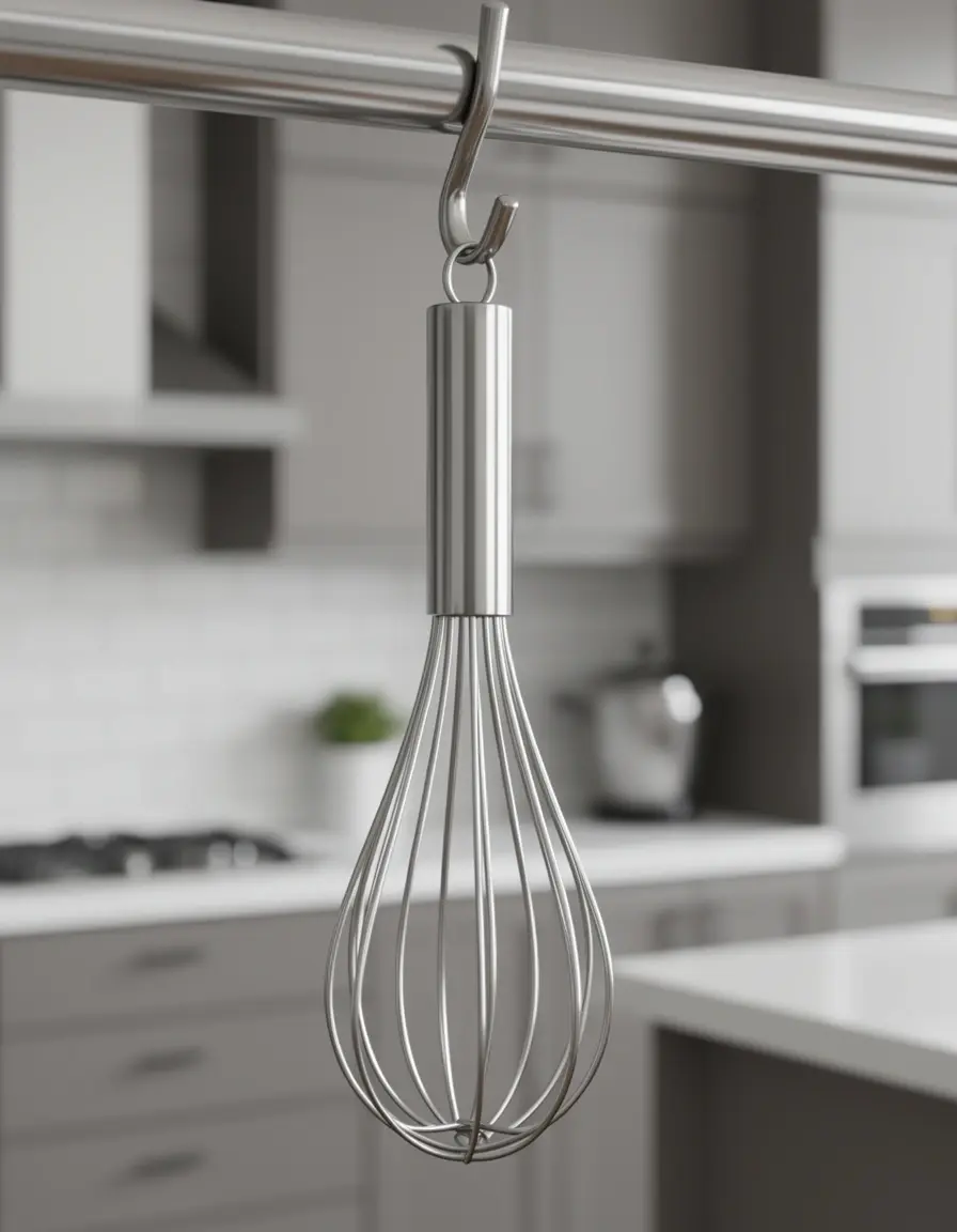 Stainless steel balloon whisk hanging in kitchen
