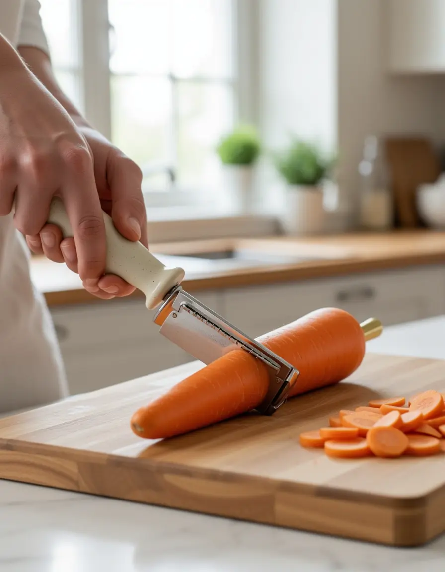 Ceramic blade vegetable peeler peeling a carrot