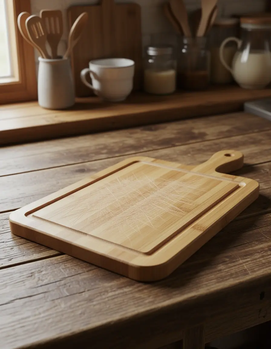 Tabla de cortar de bambú pequeña con ranura para jugos en cocina rústica