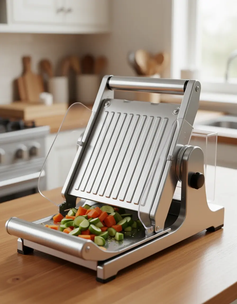 Mandolina de cocina ajustable con cuchillas de acero inoxidable cortando verduras