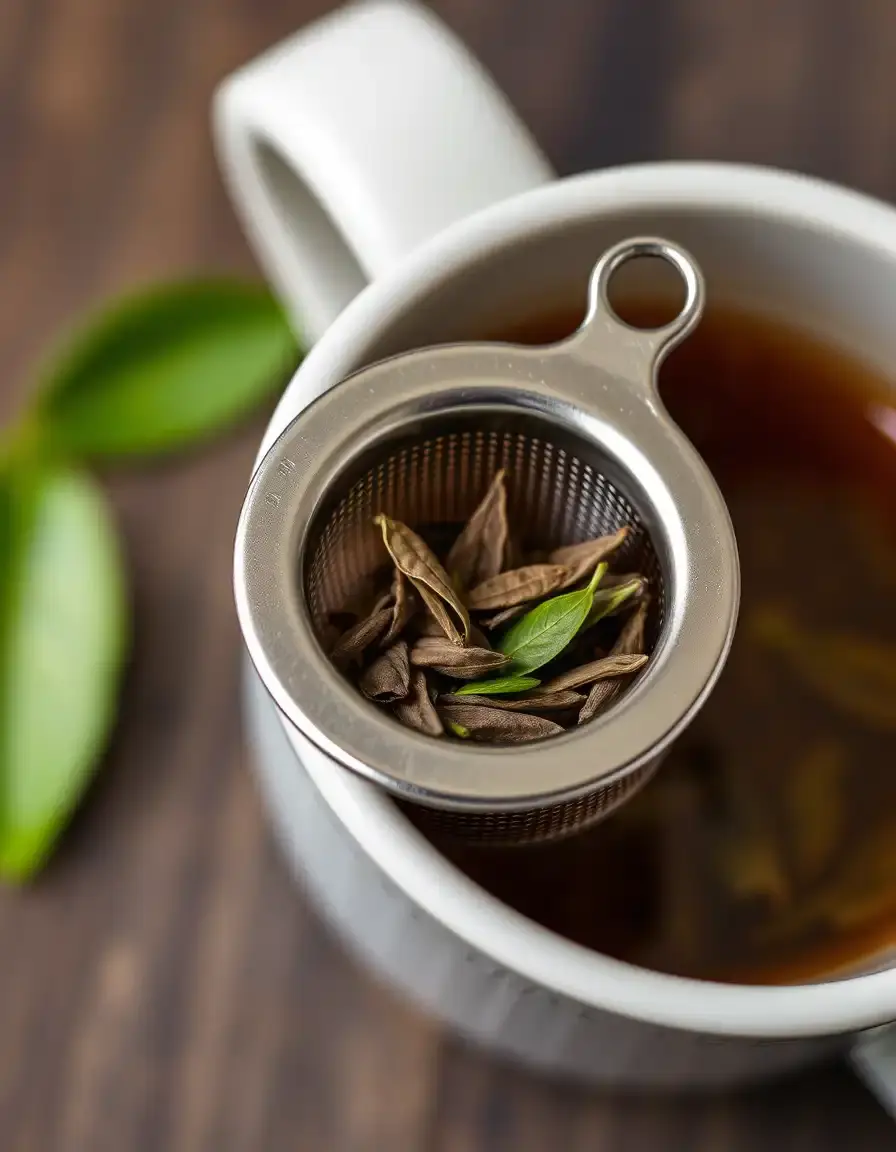 Infusor de té de acero inoxidable dentro de una taza con hojas de té