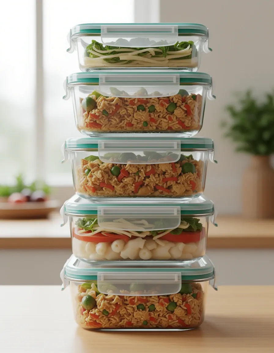Set de 5 recipientes de vidrio para almacenamiento de alimentos apilados