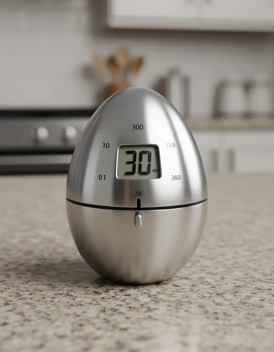 Temporizador de cocina mecánico con forma de huevo en encimera