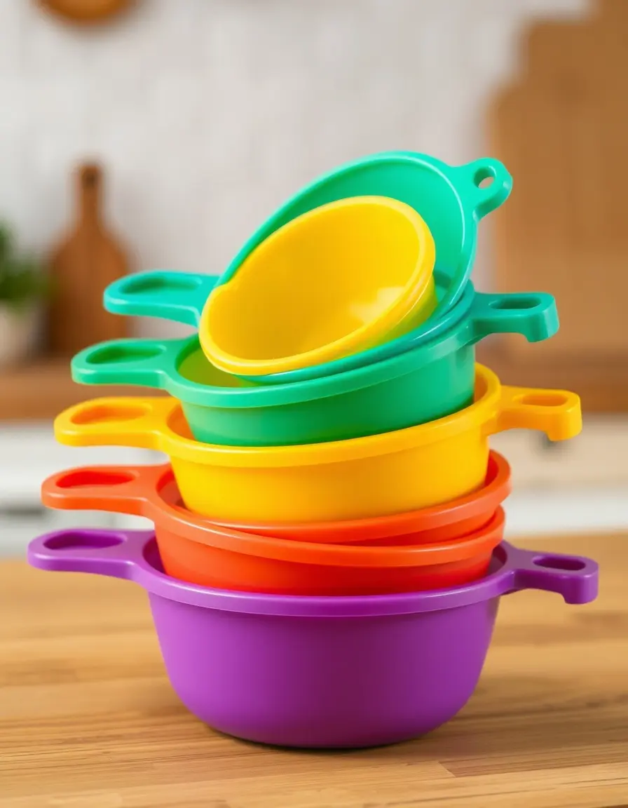 Juego de tazas medidoras de plástico de colores apiladas
