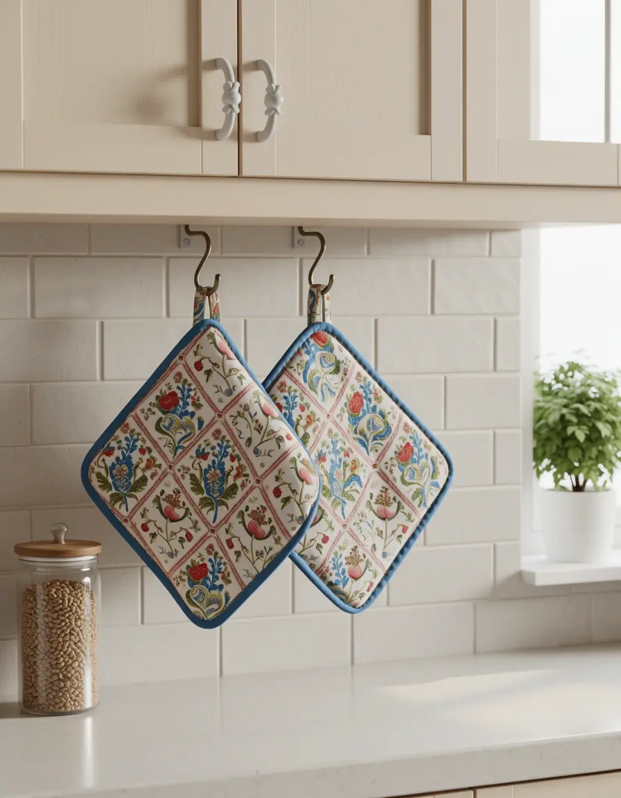 Set de 2 agarradores de cocina de algodón con diseño colgados en gancho