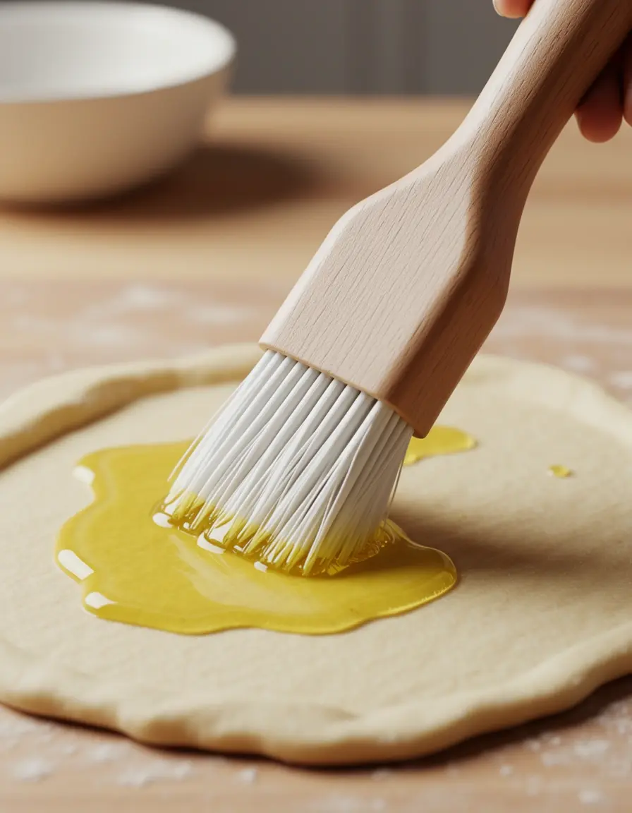 Pincel de silicona con mango de madera aplicando aceite sobre hojaldre