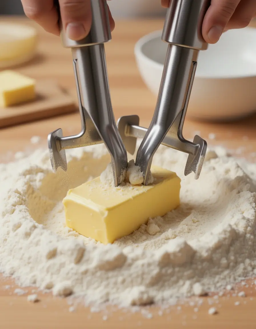 Mezclador de masa de acero inoxidable cortando mantequilla en harina