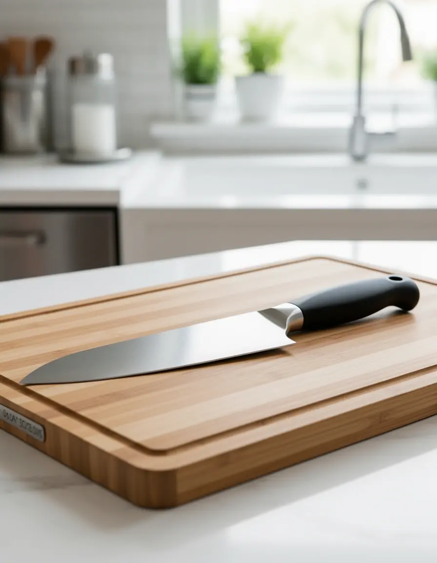 Cuchillo de chef de acero inoxidable de 8 pulgadas sobre tabla de madera bajo luz de cocina