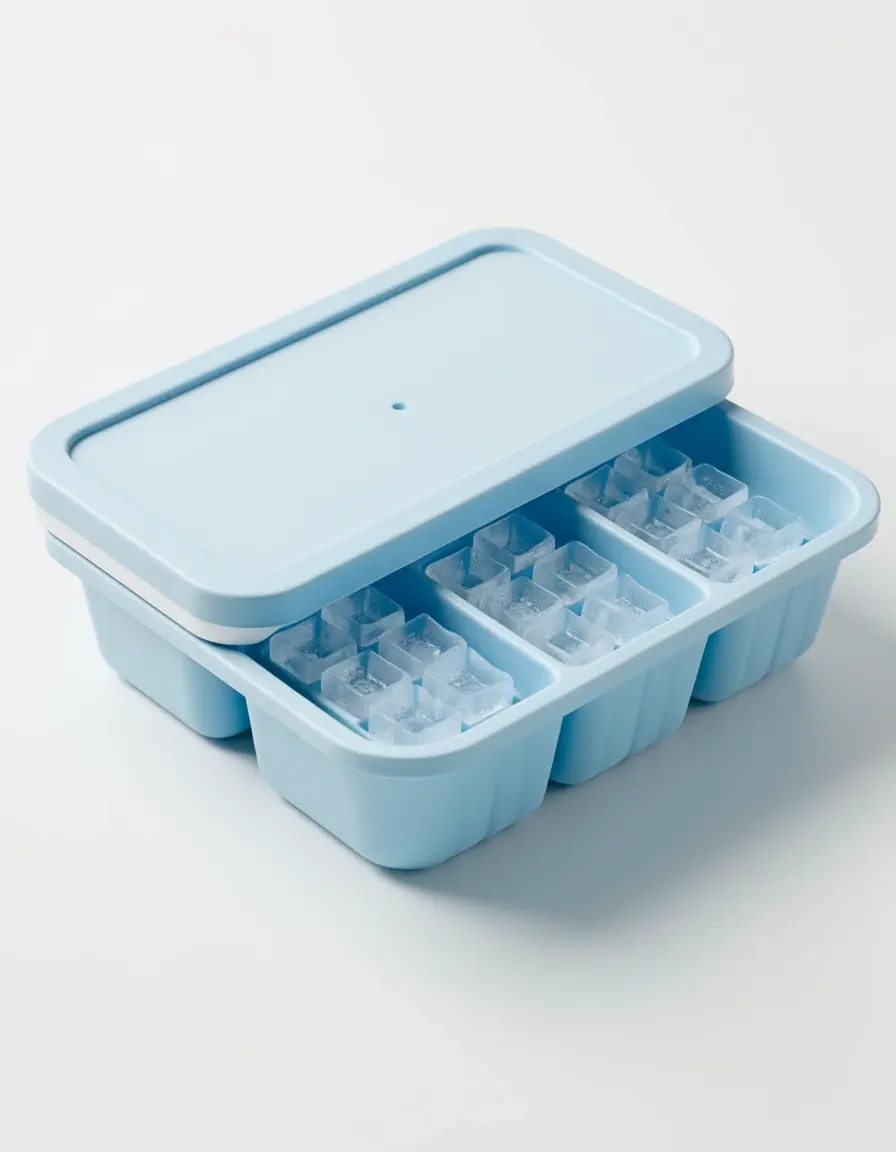 Bandeja de silicona para cubitos de hielo con tapa sobre encimera moderna