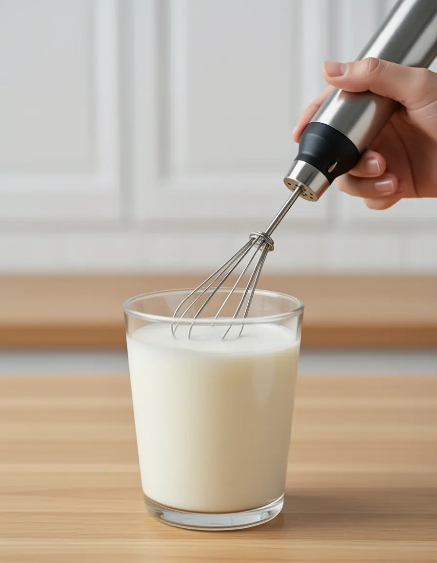 Espumador de leche de mano creando espuma en un vaso de cristal