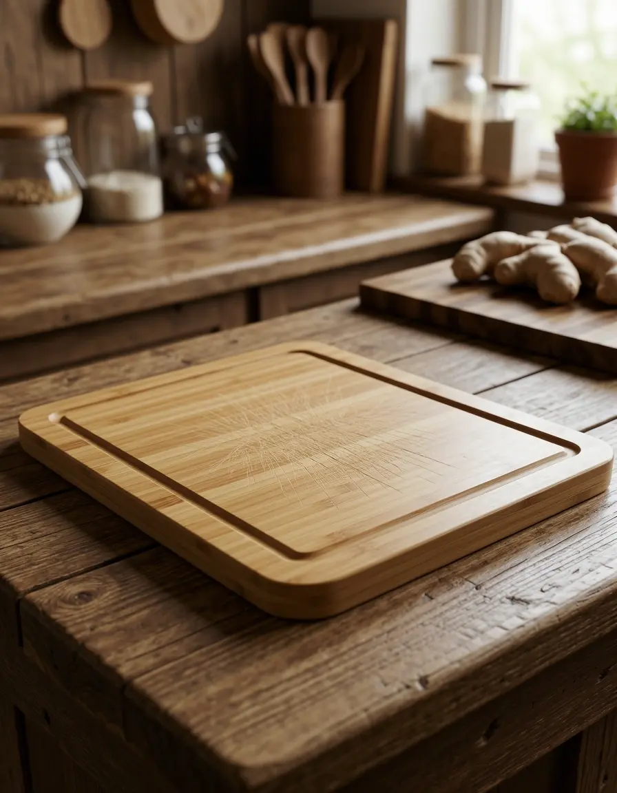 Pequeña tabla de cortar de bambú con surco para jugos en cocina rústica