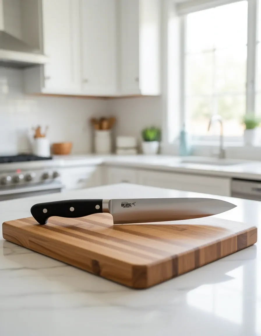 Cuchillo de chef de acero inoxidable de 8 pulgadas sobre tabla de madera