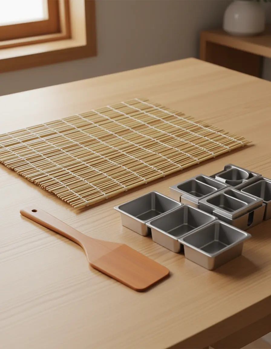 Kit para hacer sushi de 10 piezas sobre una mesa de cocina