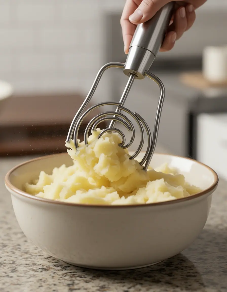 Prensador de patatas con diseño de ondas triturando patatas en un bol
