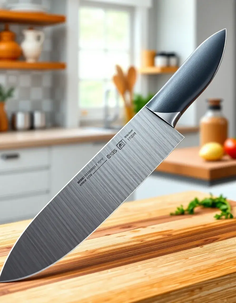 Cuchillo de chef de acero inoxidable de 8 pulgadas sobre tabla de madera con luz de cocina brillante