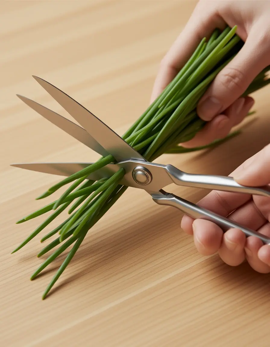 Tijeras para hierbas de 5 cuchillas sobre mesa auxiliar cocina