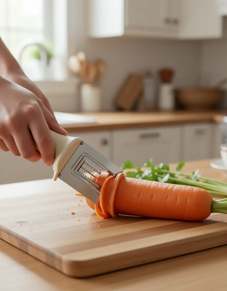 Pelador de verduras de cerámica pelando una zanahoria en mesa alta cocina