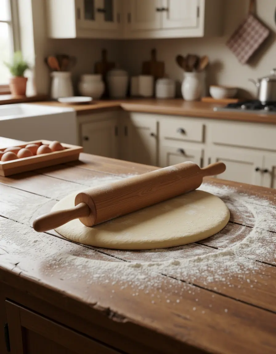 Rodillo de madera de 18 pulgadas amasando en superficie de cocina