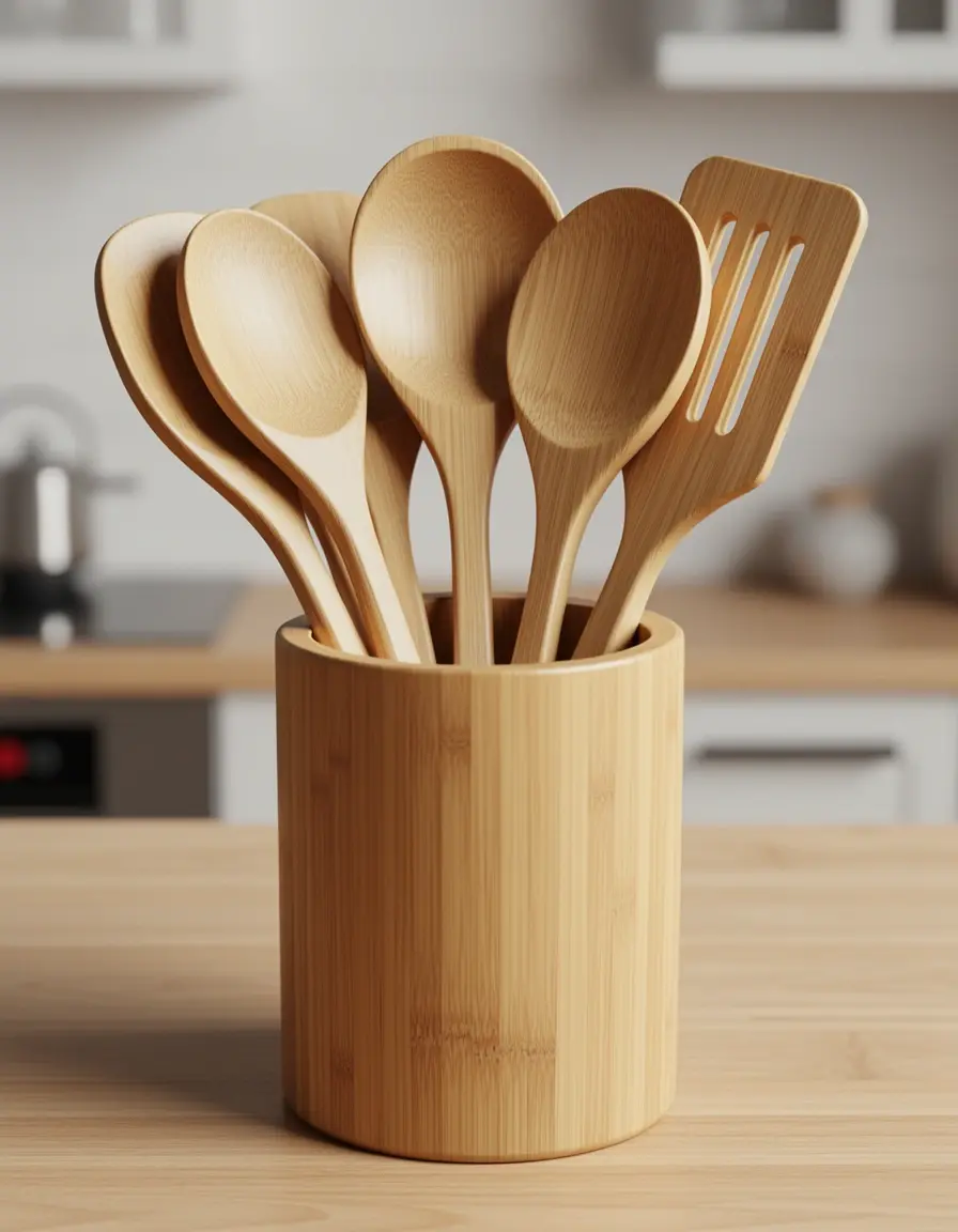 Set de utensilios de bambú de 6 piezas en su soporte