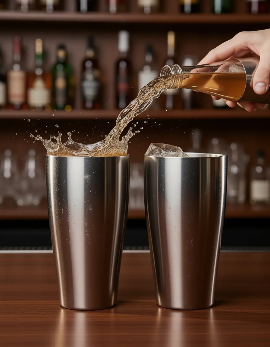 Set de coctelera de acero inoxidable de 3 piezas en un bar