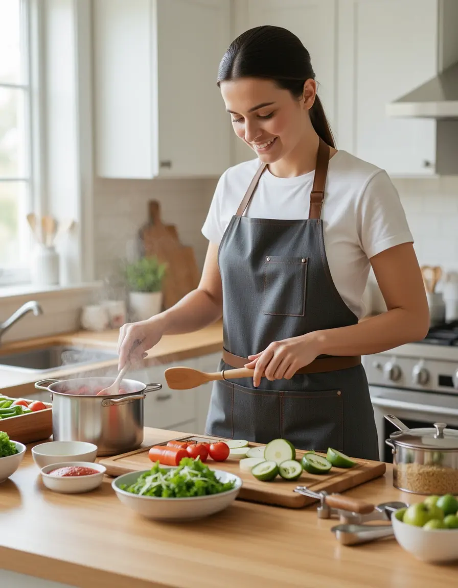 Delantal de cocina ajustable con bolsillos usado por una modelo
