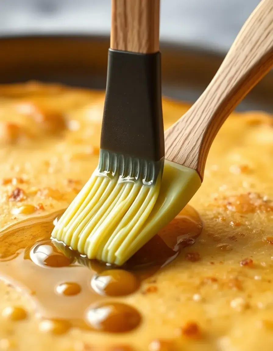 Pincel de silicona para repostería aplicando aceite sobre un hojaldre