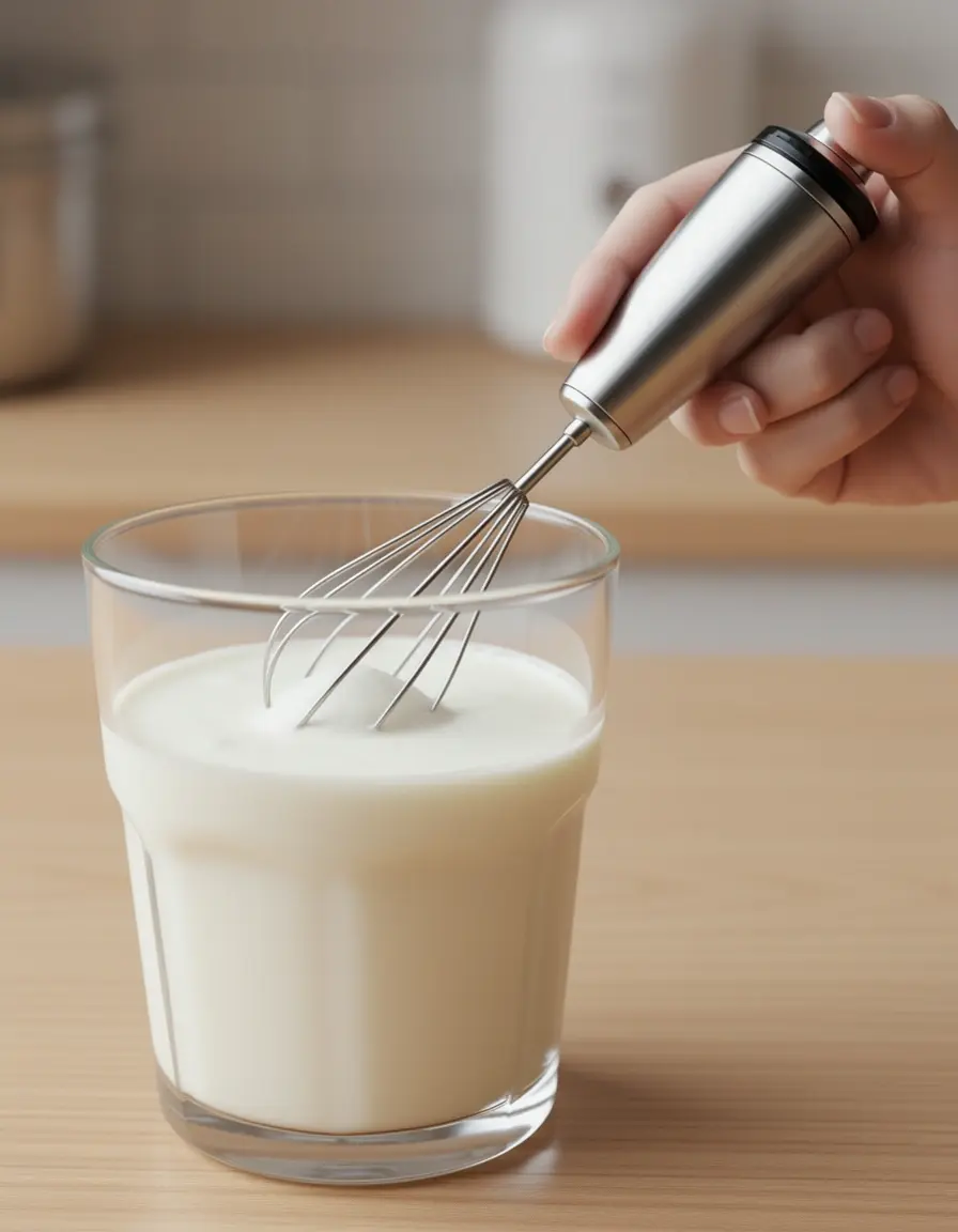 Espumador de leche de mano creando espuma suave en un vaso de cristal